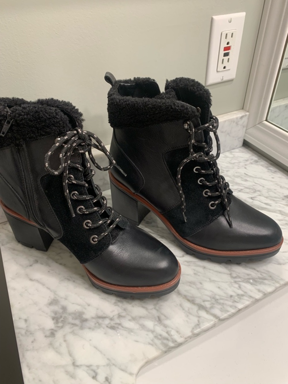 Naturalizer Black Faux Fur Lace-Up Heeled Ankle Boots